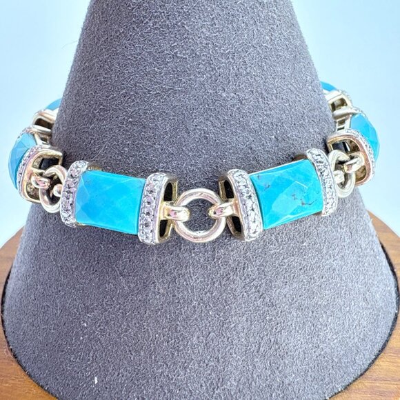 Sterling Silver 925 Turquoise & Illusion Stone Station Bracelet Sz 7.25" Length - Picture 2 of 11